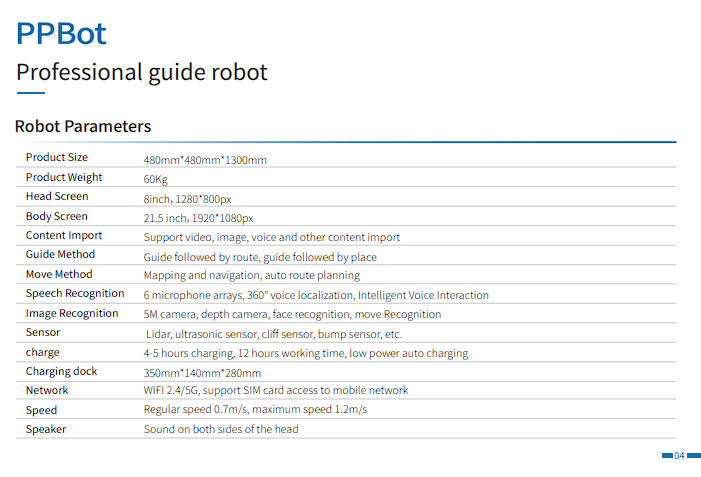 Thông số chi tiết của robot lễ tân và dẫn đường